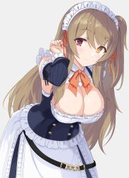 Rule 34 | 1girl, assault lily, belt, black belt, black dress, bow, bowtie, breasts, brown hair, buttons, cleavage, cleavage cutout, closed mouth, clothing cutout, cowboy shot, detached sleeves, dress, frilled sleeves, frills, grey background, hair between eyes, hair ribbon, hand up, heterochromia, highres, kuo shenlin, large breasts, layered dress, leaning forward, light blush, light smile, long hair, long sleeves, looking at viewer, maid, maid headdress, official alternate costume, orange bow, orange bowtie, orange ribbon, pera, pink eyes, ribbon, simple background, sleeveless, sleeveless dress, solo, standing, two-tone dress, very long hair, white dress, yellow eyes