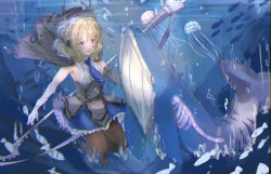 Rule 34 | 1boy, 1girl, absurdres, air bubble, armpit peek, armpits, black pantyhose, blonde hair, blue neckwear, blue whale, braid, breasts, bubble, capelet, colorado (kancolle), commentary request, crown braid, dress, fish, full body, grey dress, highres, huge filesize, jellyfish, kantai collection, kaomoji (sagor00237), necktie, pantyhose, polearm, short hair, sideboob, skeleton, transformation, underwater, weapon