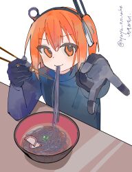 1girl a.i._voice adachi_rei black_gloves black_shirt bowl chopsticks closed_mouth eating food food_in_mouth gloves headlamp highres holding holding_chopsticks long_sleeves looking_at_viewer medium_hair new_year no_jacket noodles one_side_up orange_eyes orange_hair radio_antenna shirt smile solo soumen upper_body utau v white_background yuyu_no_suke