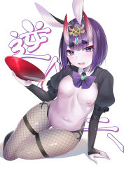 Rule 34 | 1girl, absurdres, animal ears, blush, bob cut, breasts, cropped jacket, eyeliner, fake animal ears, fate/grand order, fate (series), headpiece, highres, horns, leotard, long sleeves, looking at viewer, makeup, meme attire, navel, nipples, oni, open mouth, playboy bunny, purple eyes, purple hair, rabbit ears, revealing clothes, reverse bunnysuit, reverse outfit, short eyebrows, short hair, shrug (clothing), shuten douji (fate), simple background, skin-covered horns, smile, solo, white background, yufou