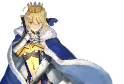 Rule 34 | 1girl, ahoge, armor, armored dress, artoria pendragon (all), artoria pendragon (fate), avalon (fate/stay night), blonde hair, blue ribbon, breastplate, cape, closed mouth, crown, excalibur (fate/stay night), fate/grand order, fate/stay night, fate (series), faulds, female focus, fur-trimmed cape, fur trim, gauntlets, green eyes, hair between eyes, hair bun, hair ribbon, holding, holding sword, holding weapon, looking at viewer, ribbon, saber (fate), sheath, sheathed, shirabi, short hair, sidelocks, simple background, smile, solo, sword, upper body, weapon, white background