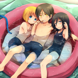 Rule 34 | 1girl, 2boys, aged down, armin arlert, barefoot, black hair, blonde hair, blue eyes, blue jammers, blue male swimwear, blue one-piece swimsuit, blue school swimsuit, blush, clenched teeth, eren yeager, hose, jammers, long hair, looking at viewer, male school swimsuit, male swimwear, marimo danshaku, mikasa ackerman, multiple boys, navel, old school swimsuit, one-piece swimsuit, partially submerged, purple eyes, school swimsuit, shingeki no kyojin, short hair, swimsuit, teeth, topless male, wading pool, water, yellow eyes