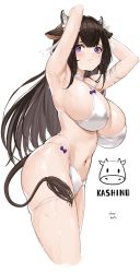 Rule 34 | 1girl, animal ears, armpits, arms behind head, azur lane, bikini, blush, breasts, brown hair, character name, cow ears, cow girl, cow horns, cow tail, criss-cross halter, flower, hair flower, hair ornament, halterneck, highres, horns, huge breasts, kashino (azur lane), kashino (hot springs relaxation) (azur lane), long hair, looking at viewer, multi-strapped bikini bottom, official alternate costume, oliver koito, purple eyes, sideboob, simple background, solo, swimsuit, tail, tears, white background, white bikini, white flower