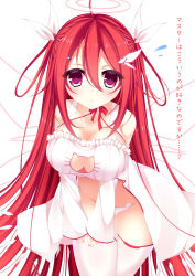 Rule 34 | 1girl, animal ear legwear, bare shoulders, blush, bra, breasts, cat cutout, cat ear legwear, cat ear panties, cat lingerie, cleavage, cleavage cutout, clothing cutout, curvy, detached sleeves, hair ornament, hair ribbon, hairclip, halo, highres, large breasts, leaning forward, long hair, looking at viewer, meme attire, nail polish, original, panties, purple eyes, red hair, red nails, ribbon, solo, standing, thighhighs, translation request, underwear, very long hair, white bra, white panties, white thighhighs, wide hips, yoaferia