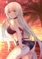 Rule 34 | 1girl, :o, adjusting clothes, adjusting swimsuit, ahoge, ass, back, bare arms, bare shoulders, belt, bikini, black bikini, black choker, breasts, brown eyes, choker, cloud, cloudy sky, cowboy shot, fate/grand order, fate (series), from behind, highres, holding, holding own hair, horizon, iroha (shiki), jeanne d&#039;arc (fate), jeanne d&#039;arc alter (fate), jeanne d&#039;arc alter (swimsuit berserker) (fate), large breasts, long hair, looking at viewer, looking back, ocean, open mouth, orange sky, outdoors, palm tree, revision, sky, solo, standing, sunset, swimsuit, thighs, tree, very long hair, wet, white hair