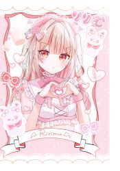 Rule 34 | 1girl, :t, absurdres, baby bottle, blush, bottle, bow, character name, flower, frills, hair ornament, heart, heart hands, heart in heart hands, highres, long hair, looking at viewer, makaino ririmu, multicolored hair, nanoda ham, nijisanji, non-web source, pink bow, pink hair, pink theme, pout, red eyes, red hair, ribbon, see-through, short sleeves, solo, streaked hair, two side up, upper body, virtual youtuber, wrist cuffs