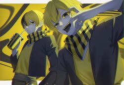 Rule 34 | 2boys, alternate costume, aoyagi touya, black jacket, commentary request, cowboy shot, cup, drinking straw, highres, holding, holding cup, jacket, long sleeves, looking at viewer, male focus, multicolored hair, multiple boys, neckerchief, open clothes, open jacket, open mouth, parted lips, project sekai, sharp teeth, shinonome akito, shirt, short hair, split-color hair, striped neckerchief, teeth, traffic jam (vocaloid), two-tone hair, upper body, v-neck, yellow shirt, yk62