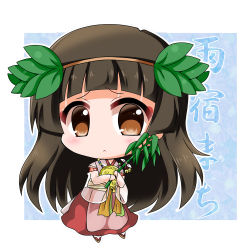 Rule 34 | 10s, 1girl, :&lt;, amayadori machi, bad id, bad pixiv id, bamboo, bell, black hair, blue background, blunt bangs, blush, brown eyes, chibi, frown, full body, hair ornament, head wreath, japanese clothes, jewelry, jingle bell, kumamiko, leaf hair ornament, long hair, looking at viewer, medallion, miko, necklace, noai nioshi, red skirt, see-through, see-through sleeves, skirt, solo, standing