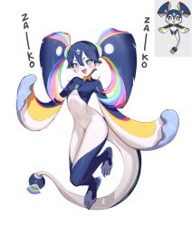 Rule 34 | 1girl, :3, :d, absurdres, blue hair, breasts, company logo, creature and personification, cross-shaped pupils, flying, hair between eyes, highres, looking at viewer, mesugaki, multicolored hair, nijisanji, open mouth, personification, pointy ears, rainbow hair, simple background, small breasts, smile, symbol-shaped pupils, tail, twintails, virtual youtuber, wada (zes16), white background, yugamin (nijisanji)