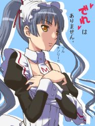 Rule 34 | 00s, 1girl, awa, bare shoulders, blue hair, blunt bangs, brown eyes, collarbone, crossed arms, detached collar, detached sleeves, frills, hands on own chest, jaggy lines, long hair, long sleeves, lowres, maid headdress, maria holic, necktie, shinouji matsurika, solo, twintails, upper body, very long hair