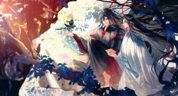 2boys ahoge barefoot bird bird_on_hand black_hair black_hanfu chinese_clothes full_body hair_ribbon hanfu headband heyoubuyou high_ponytail highres holding_hands in_tree lan_wangji leaf light_rays long_hair long_sleeves looking_at_animal male_focus modao_zushi multiple_boys outstretched_hand red_ribbon ribbon sash sitting tassel tree wei_wuxian white_hanfu white_headband white_ribbon wide_sleeves xiao_guan_(headdress) yellow_eyes