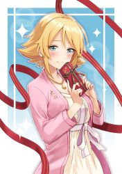 Rule 34 | 1girl, absurdres, ankimo (nirudo), blonde hair, blush, box, breasts, center frills, cleavage, closed mouth, coat, commission, dress, flipped hair, frills, gift, gift box, green eyes, highres, idolmaster, idolmaster cinderella girls, jewelry, looking at viewer, medium breasts, necklace, pink coat, short hair, skeb commission, smile, solo, spiked hair, umeki otoha, valentine, yellow dress