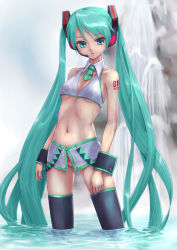 Rule 34 | 1girl, alternate costume, aqua hair, bare shoulders, bikini, bikini top only, breasts, detached collar, female focus, hatsune miku, headset, highres, long hair, navel, no panties, partially submerged, pubic tattoo, rasukaru, skirt, small breasts, solo, suspender skirt, suspenders, suspenders hanging, swimsuit, tattoo, thighhighs, twintails, underboob, very long hair, vocaloid, wading, water, wrist cuffs