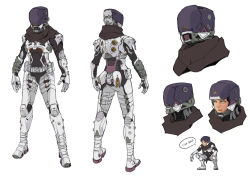 Rule 34 | 1girl, apex legends, armor, blue eyes, brown scarf, character sheet, english text, from behind, helmet, i-carmine, looking ahead, multiple views, open hands, scarf, science fiction, speech bubble, squatting, voidwalker wraith, white background, wraith (apex legends)