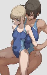 Rule 34 | 2girls, blonde hair, blue one-piece swimsuit, breasts, bright pupils, brown hair, collarbone, competition swimsuit, covered navel, dark-skinned female, dark skin, grey background, highres, holding another&#039;s wrist, large breasts, long hair, looking at another, m k, medium breasts, multiple girls, one-piece swimsuit, original, ponytail, red eyes, short hair, simple background, sitting, sitting on lap, sitting on person, size difference, sweat, swimsuit, thighs, tomboy, white pupils, yuri