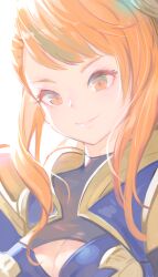 Rule 34 | 1girl, armor, asymmetrical bangs, beatrix (granblue fantasy), breasts, cleavage, cleavage cutout, closed mouth, clothing cutout, granblue fantasy, highres, long hair, looking at viewer, medium breasts, orange eyes, orange hair, sidelocks, simple background, solo, tomamatto, upper body, white background