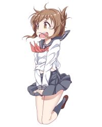 Rule 34 | 10s, 1girl, brown eyes, brown hair, covering privates, covering crotch, falling, folded ponytail, inazuma (kancolle), kantai collection, open mouth, school uniform, serafuku, skirt, skirt tug, solo, tears, touryou, white background