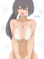 1girl absurdres bikini black_hair blush breasts cleavage closed_eyes dated highres kantai_collection large_breasts long_hair luminous_witches manaia_matawhaura_hato navel open_mouth ponytail signature smile solo sweat swimsuit unkai_daraku white_bikini world_witches_series