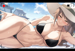 Rule 34 | 1girl, bikini, black bikini, blush, breasts, brown hair, character request, check character, cleavage, closed mouth, dungeon and fighter, fighter (dungeon and fighter), hat, highres, kook, large breasts, large hat, long hair, looking at viewer, lying, navel, on side, outdoors, sideboob, smile, solo, striker (dungeon and fighter), swimsuit, underboob, viewfinder, yellow eyes