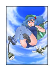 Rule 34 | 1girl, backpack, bag, blue eyes, blue hair, blue thighhighs, cameltoe, cloud, day, extra arms, falling, female focus, hair bobbles, hair ornament, hat, highres, kawashiro nitori, key, knees together feet apart, kuontendou, legs together, matching hair/eyes, one-piece swimsuit, open mouth, school swimsuit, shoes, sky, sneakers, solo, swimsuit, thighhighs, touhou, twintails, two side up