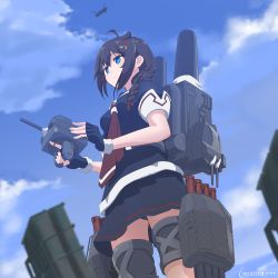 Rule 34 | 1girl, absurdres, adapted turret, ahoge, aircraft, black gloves, black hair, black panties, black serafuku, black shirt, black skirt, blue eyes, blue sky, braid, breasts, cannon, cloud, day, fingerless gloves, gloves, hair flaps, hair over shoulder, helicopter, highres, kantai collection, miniskirt, natsukaze shigure, necktie, outdoors, panties, pleated skirt, red necktie, rigging, school uniform, serafuku, shigure (kancolle), shigure kai ni (kancolle), shirt, short sleeves, single braid, skirt, sky, small breasts, solo, thigh strap, torpedo launcher, underwear