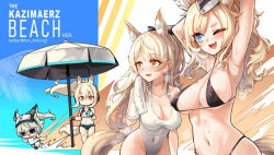 Rule 34 | 4girls, ;d, animal ear fluff, animal ears, arknights, armpits, arms up, aunt and niece, bare arms, bare shoulders, beach umbrella, bikini, black bikini, black headwear, blemishine (arknights), blonde hair, blue eyes, breasts, cleavage, collarbone, covered erect nipples, covered navel, criss-cross halter, fang, grani (arknights), halterneck, hat, highleg, highleg swimsuit, hm (hmongt), holding, horse ears, horse girl, horse tail, large breasts, long hair, multiple girls, navel, nearl (arknights), one-piece swimsuit, one eye closed, open mouth, orange eyes, ponytail, siblings, sisters, smile, stomach, strap gap, stretching, string bikini, sunglasses, sweat, swimsuit, tail, towel, typo, umbrella, whislash (arknights), white one-piece swimsuit
