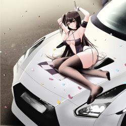 Rule 34 | 1girl, absurdres, armpits, azur lane, black thighhighs, breasts, brown eyes, brown hair, car, cleavage, closed mouth, feet, flag, full body, highres, holding, holding flag, kcar66t, large breasts, legs, long hair, looking at viewer, lying, motor vehicle, nissan, nissan gt-r, no shoes, official alternate costume, on side, petals, race queen, simple background, soles, solo, thighhighs, thighs, zuikaku (azur lane), zuikaku (the wind&#039;s true name) (azur lane)