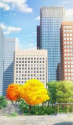 Rule 34 | autumn, blue sky, building, bush, city, cityscape, cloud, commentary, english commentary, grass, highres, isbeyvan, japan, no humans, original, park, scenery, shadow, sky, tree, window