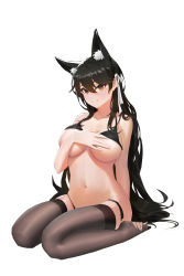 Rule 34 | 1girl, absurdres, animal ear fluff, animal ears, atago (azur lane), azur lane, black bra, black hair, black thighhighs, bra, breasts, covering privates, covering breasts, dog ears, full body, highres, large breasts, long hair, looking at viewer, orange eyes, ribbon, simple background, sitting, solo, thighhighs, underwear, very long hair, wariza, white background, white ribbon, yigali xinji