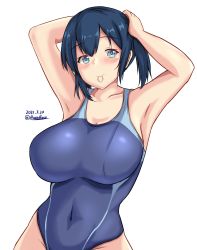Rule 34 | 1girl, blue eyes, blue hair, blue one-piece swimsuit, blush, breasts, cleavage, comb, competition swimsuit, covered navel, cowboy shot, dated, hair between eyes, highres, kantai collection, large breasts, looking at viewer, medium hair, montemasa, one-piece swimsuit, simple background, solo, souryuu (kancolle), swimsuit, twintails, twitter username, white background