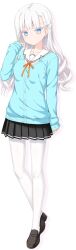 Rule 34 | 1girl, aikotoba -silver snow sister-, any (trueblue), black footwear, black skirt, blue cardigan, blue eyes, breasts, cardigan, expressionless, full body, hair ornament, hoshitsugu shirone, loafers, long hair, neck ribbon, official art, orange ribbon, pantyhose, pleated skirt, pom pom (clothes), pom pom hair ornament, ribbon, sailor collar, school uniform, serafuku, shoes, skirt, sleeves past wrists, small breasts, solo, tachi-e, transparent background, white hair, white pantyhose, white sailor collar