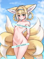 Rule 34 | 1girl, :o, absurdres, animal ear fluff, animal ears, arknights, arms behind back, bar censor, blonde hair, blue hairband, blue sky, blush, braid, braided hair rings, breasts, censored, censored nipples, cloud, cloudy sky, collarbone, day, fox ears, fox girl, fox tail, green eyes, hair rings, hairband, highres, kitsune, kyuubi, looking at viewer, multicolored hair, multiple tails, nude, outdoors, parted lips, rylaera, sky, small breasts, suzuran (arknights), tail, twin braids, two-tone hair, white hair