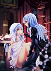 2others black_jacket blue_hair ciel_(tensei_shitara_slime_datta_ken) highres hiyo_(monstarpinkcat) jacket long_hair multiple_others red_eyes rimuru_tempest tensei_shitara_slime_datta_ken yellow_eyes