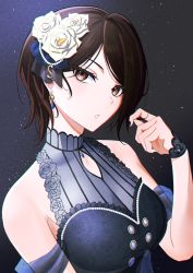 Rule 34 | 1girl, arm at side, bang dream!, bare shoulders, black background, black dress, black nails, blue gemstone, breasts, brown eyes, brown hair, buttons, chest cutout, cleavage, clothing cutout, commentary, dress, earrings, fingernails, floral print, flower, frilled dress, frills, gem, gradient background, hair flower, hair ornament, hand up, head tilt, highres, jewelry, large breasts, light particles, looking at viewer, nail polish, nishiki (nishiki4692), official alternate costume, parted lips, pearl (gemstone), pearl hair ornament, pendant, print dress, rose, see-through, see-through cleavage, shawl, short hair, sleeveless, sleeveless dress, solo, swept bangs, upper body, white flower, white rose, wrist cuffs, yashio rui