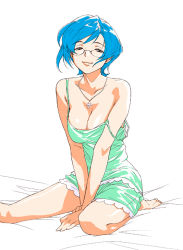 Rule 34 | barefoot, blue hair, breasts, cleavage, glasses, kneeling, large breasts, lingerie, minato fumi, negligee, short hair, smile, solo, strap slip, underwear