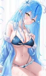 Rule 34 | 1girl, absurdres, ahoge, bare shoulders, bikini, blue bikini, blue coat, blue hair, blue nails, blush, breasts, coat, colored tips, commentary request, crossed bangs, flower, hair between eyes, hair flower, hair ornament, halterneck, heart, heart ahoge, highres, hololive, jewelry, large breasts, long hair, looking at viewer, multicolored hair, navel, necklace, off shoulder, parted lips, pointy ears, snowflake print, solo, stomach, streaked hair, swimsuit, uni ikura, virtual youtuber, wet, white flower, yellow eyes, yukihana lamy