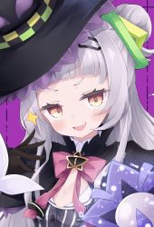 Rule 34 | 1girl, absurdres, black capelet, black gloves, black hat, black shirt, blunt bangs, blush, brown eyes, capelet, cocozasa, commentary request, gloves, hair bun, hair ornament, hat, highres, hololive, long hair, looking at viewer, murasaki shion, murasaki shion (1st costume), open mouth, pinstripe pattern, pinstripe shirt, purple background, shirt, short eyebrows, silver hair, simple background, single hair bun, smile, solo, sparkle, striped, tilted headwear, upper body, v-shaped eyebrows, virtual youtuber, witch hat