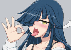 Rule 34 | 10s, 1girl, blue hair, fellatio gesture, hand gesture, hayashimo (kancolle), highres, janjan umatarou, kantai collection, open mouth, oral invitation, sexually suggestive, simple background, tongue, tongue out, yellow eyes