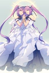 Rule 34 | 2girls, back, bare shoulders, blush, bracelet, breasts, character name, dress, echo (circa), euryale (fate), fate/hollow ataraxia, fate (series), frilled hairband, frills, gradient background, grey background, hairband, halo, holding hands, jewelry, lolita hairband, long hair, looking at viewer, multiple girls, off-shoulder dress, off shoulder, open mouth, purple eyes, purple hair, siblings, sisters, small breasts, smile, stheno (fate), twins, twintails, very long hair, white dress