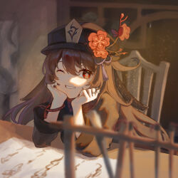 Rule 34 | 1girl, bead bracelet, beads, black hat, black nails, bracelet, brown hair, chair, commentary, desk, elbows on table, english commentary, flower, flower-shaped pupils, genshin impact, grin, hat, hat flower, hat tassel, head rest, highres, hu tao (genshin impact), jewelry, long hair, long sleeves, looking at viewer, naphele yun, one eye closed, orange eyes, smile, solo, symbol-shaped pupils, twintails, upper body