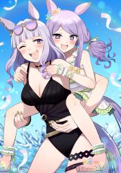 Rule 34 | 2girls, :d, ;d, absurdres, animal ears, bare shoulders, black one-piece swimsuit, blunt bangs, blush, breasts, carrying, cleavage, eyewear on head, gold ship (run revolt launcher) (umamusume), gold ship (umamusume), grey hair, gum (vivid garden), highres, horse ears, horse girl, horse tail, large breasts, long hair, looking at viewer, mejiro mcqueen (ripple fairlady) (umamusume), mejiro mcqueen (umamusume), multiple girls, official alternate costume, one-piece swimsuit, one eye closed, open mouth, piggyback, purple eyes, purple hair, sandals, smile, sunglasses, swimsuit, tail, umamusume