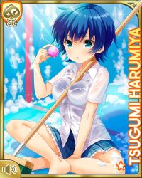 Rule 34 | 1girl, :o, aqua eyes, barefoot, blouse, blue hair, blue one-piece swimsuit, blue skirt, breasts, card (medium), character name, competition swimsuit, day, girlfriend (kari), green eyes, harumiya tsugumi, official art, one-piece swimsuit, open mouth, outdoors, plaid, plaid skirt, pool, poolside, qp:flapper, school uniform, shirt, short hair, sitting, skirt, swimsuit, swimsuit under clothes, tagme, tomboy, white shirt