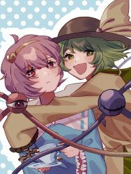 2girls :d ahoge black_hat blouse blue_shirt blush bow closed_mouth coffee collared_shirt commission commissioner_upload cup fingernails frilled_sleeves frills green_eyes green_hair hair_ornament hairband hat hat_bow heart heart_hair_ornament highres holding holding_cup holding_saucer hug komeiji_koishi komeiji_satori konoha217 light_frown long_sleeves looking_at_viewer multiple_girls nail_polish non-web_source open_mouth pink_hair polka_dot polka_dot_background red_eyes red_nails saucer shirt short_hair siblings sisters skeb_commission sleeves_past_fingers sleeves_past_wrists smile spilling third_eye touhou upper_body wide_sleeves yellow_bow yellow_hairband yellow_shirt