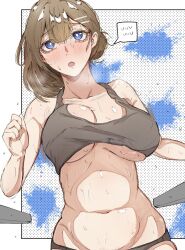 Rule 34 | 1girl, blue eyes, bouncing breasts, breasts, brown hair, exercising, flying sweatdrops, highres, hod (project moon), library of ruina, navel, nb8c, open mouth, project moon, running, spoken sweatdrop, sports bra, sweat, sweatdrop