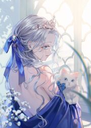 Rule 34 | 1girl, animal, back, blue bow, blue dress, blue ribbon, blurry, bow, butterfly hair ornament, cat, depth of field, dress, earrings, flower, from behind, gem, grey hair, hair bow, hair ornament, hair ribbon, half updo, highres, holding, holding animal, holding cat, jewelry, magako, mole, mole on arm, original, parted lips, profile, ribbon, solo, tiara, window