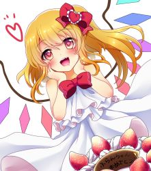 Rule 34 | 1girl, :d, alternate costume, bad id, bad twitter id, bare shoulders, blonde hair, blush, bow, bowtie, cake, crystal, dress, drooling, flandre scarlet, food, fruit, hair bow, hands on own cheeks, hands on own face, heart, heart-shaped pupils, long hair, open mouth, red bow, red bowtie, red eyes, rimu (kingyo origin), side ponytail, smile, solo, strawberry, symbol-shaped pupils, touhou, translated, white dress, wings