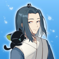Rule 34 | 1boy, black cat, black hair, blue background, blue eyes, cat, closed mouth, forehead, heixiu, highres, japanese clothes, kimono, looking away, looking to the side, luo xiaohei, on head, on shoulder, parted bangs, que meng meng, smile, luo xiaohei zhanji, upper body, white kimono, wuxian (the legend of luoxiaohei)