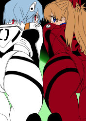 Rule 34 | 2girls, absurdres, all fours, ass, ass focus, ayanami rei, blue eyes, blue hair, bodysuit, brown hair, butt crack, cameltoe, expressionless, eywy4324, hair ornament, highres, huge ass, long hair, looking at viewer, looking back, multiple girls, neon genesis evangelion, pilot suit, plugsuit, red bodysuit, red eyes, shiny clothes, short hair, skin tight, skindentation, souryuu asuka langley, take your pick, two side up, very long hair, white bodysuit