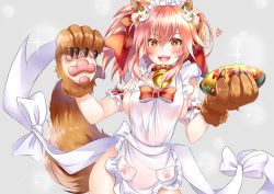 Rule 34 | 1girl, animal ear fluff, animal ears, animal hands, apron, bell, blush, breasts, cat hair ornament, cat paws, cleavage, collar, fangs, fate/grand order, fate (series), food, fox ears, fox girl, fox tail, gloves, hair ornament, hair ribbon, heart, jingle bell, large breasts, long hair, looking at viewer, maid headdress, mashiro aa, naked apron, neck bell, open mouth, paw gloves, pink hair, ponytail, red ribbon, ribbon, sideboob, solo, tail, tamamo (fate), tamamo cat (fate), tamamo cat (third ascension) (fate), yellow eyes