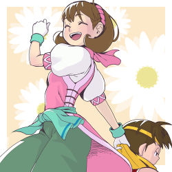 Rule 34 | 1boy, 1girl, brown hair, commentary request, closed eyes, gensou suikoden, gensou suikoden ii, gloves, hairband, headband, highres, mimimimiguchan, nanami (suikoden), open mouth, riou (suikoden), scarf, short hair, smile